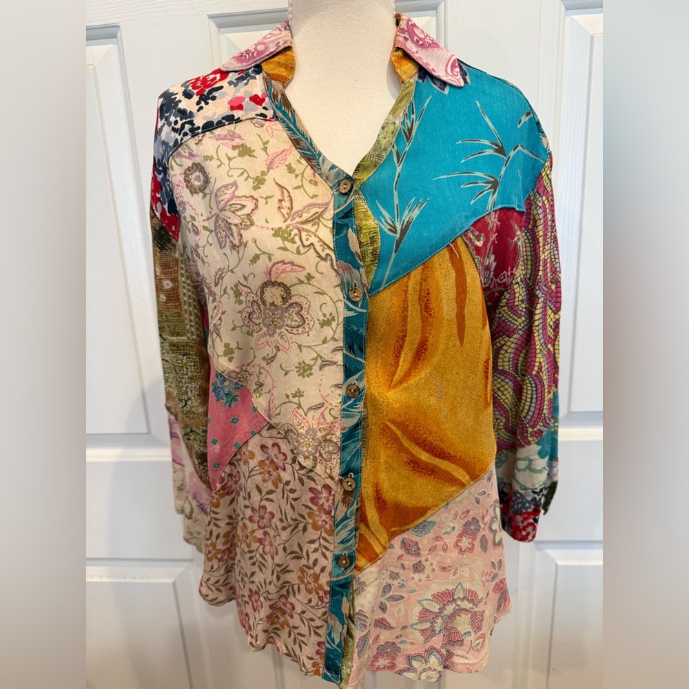 Sacred Threads Patchwork Boho Button Up Blouse Ar… - image 5